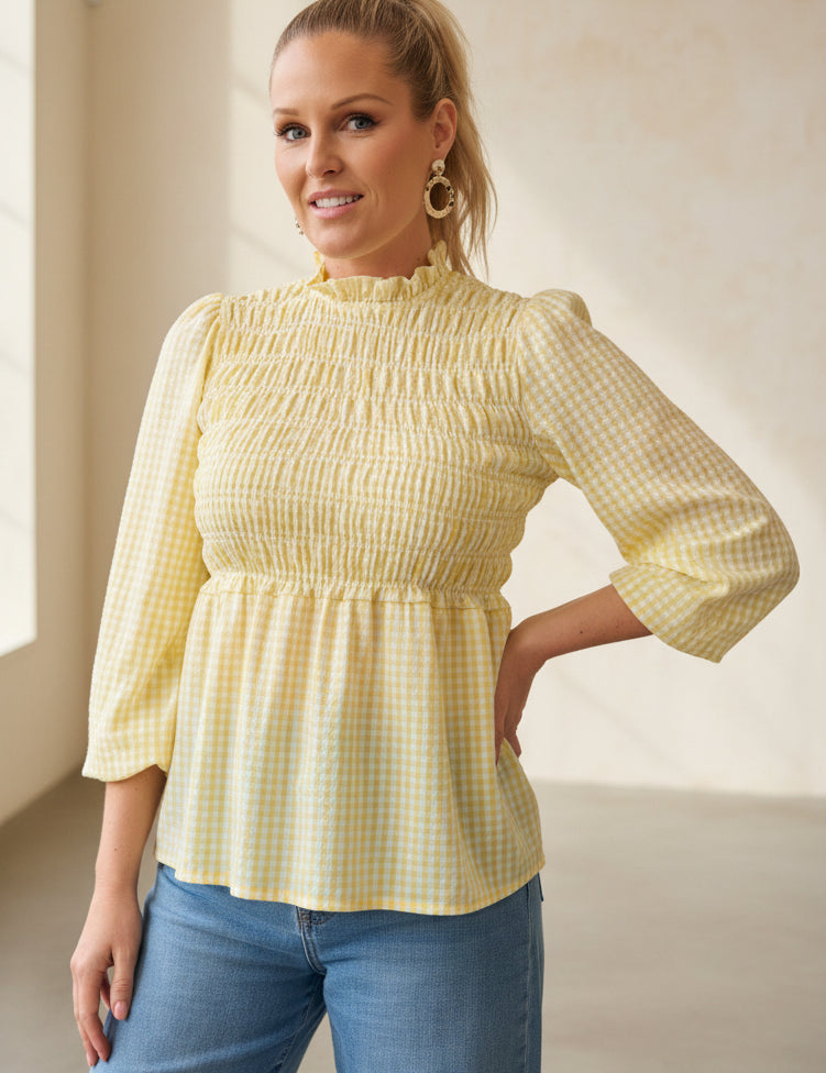 Gingham Shirred Blouse