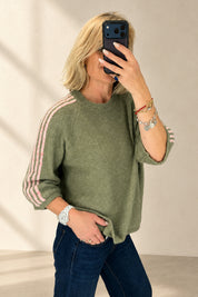 Sage green and pink stripe sleeve knit