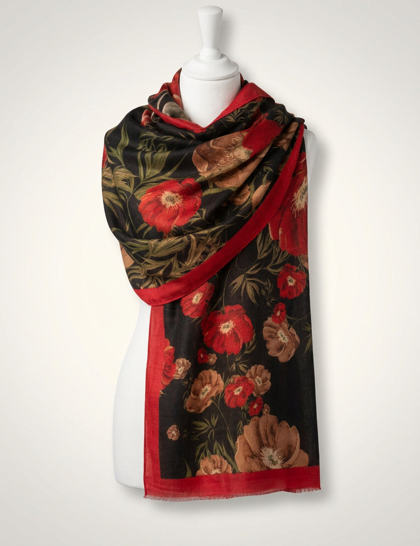 Black poppy scarf with large red and brown poppies