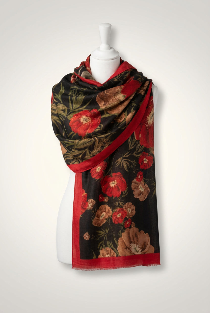 Black poppy scarf with large red and brown poppies