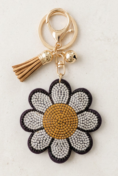 Black daisy sparkly key ring and bag charm